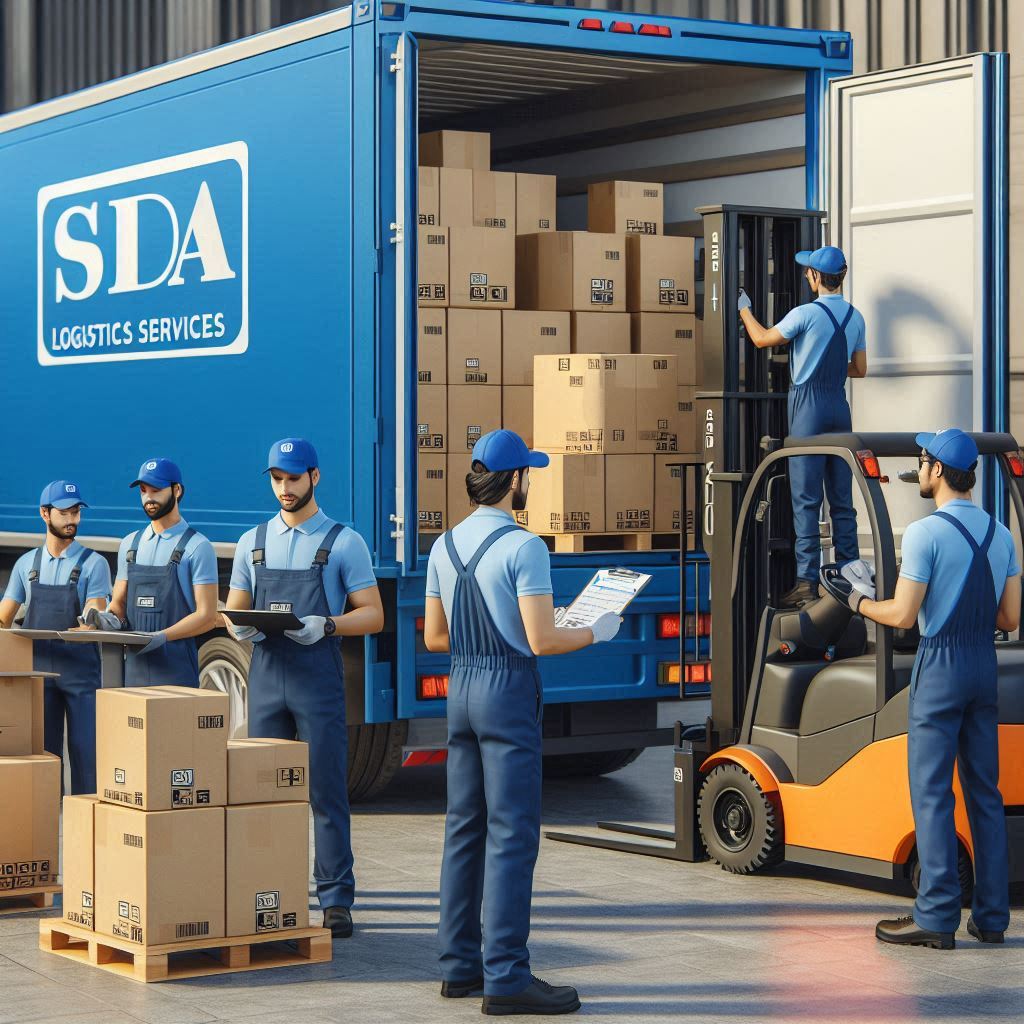 Workers in blue uniforms with SDA Logistics Services branding are loading cardboard boxes into a blue delivery truck.