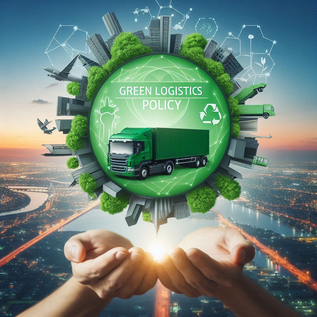 An illustrative image of a green, lush globe with the words "GREEN LOGISTICS POLICY" across it, surrounded by various modes of transportation and logistics infrastructure such as trucks, planes, and cargo ships. The globe is cradled by two hands against a backdrop of a city skyline transitioning from day to night.