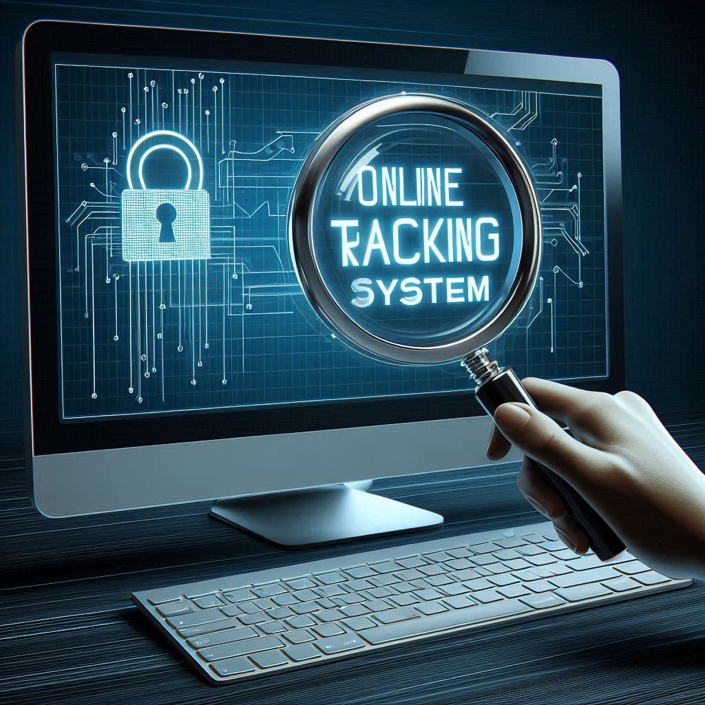 A digital illustration of a hand holding a magnifying glass over a computer screen displaying the words "ONLINE TRACKING SYSTEM" with a padlock icon and circuitry graphics in the background.