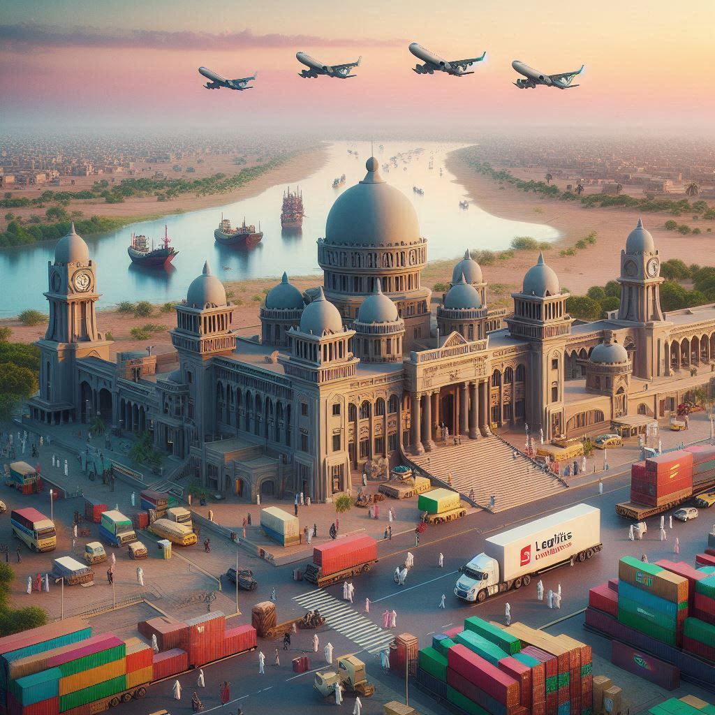 A bustling logistics hub with cargo trucks and shipping containers in the foreground, a grand building resembling a palace in the center, and airplanes flying overhead against a backdrop of a river and ships.