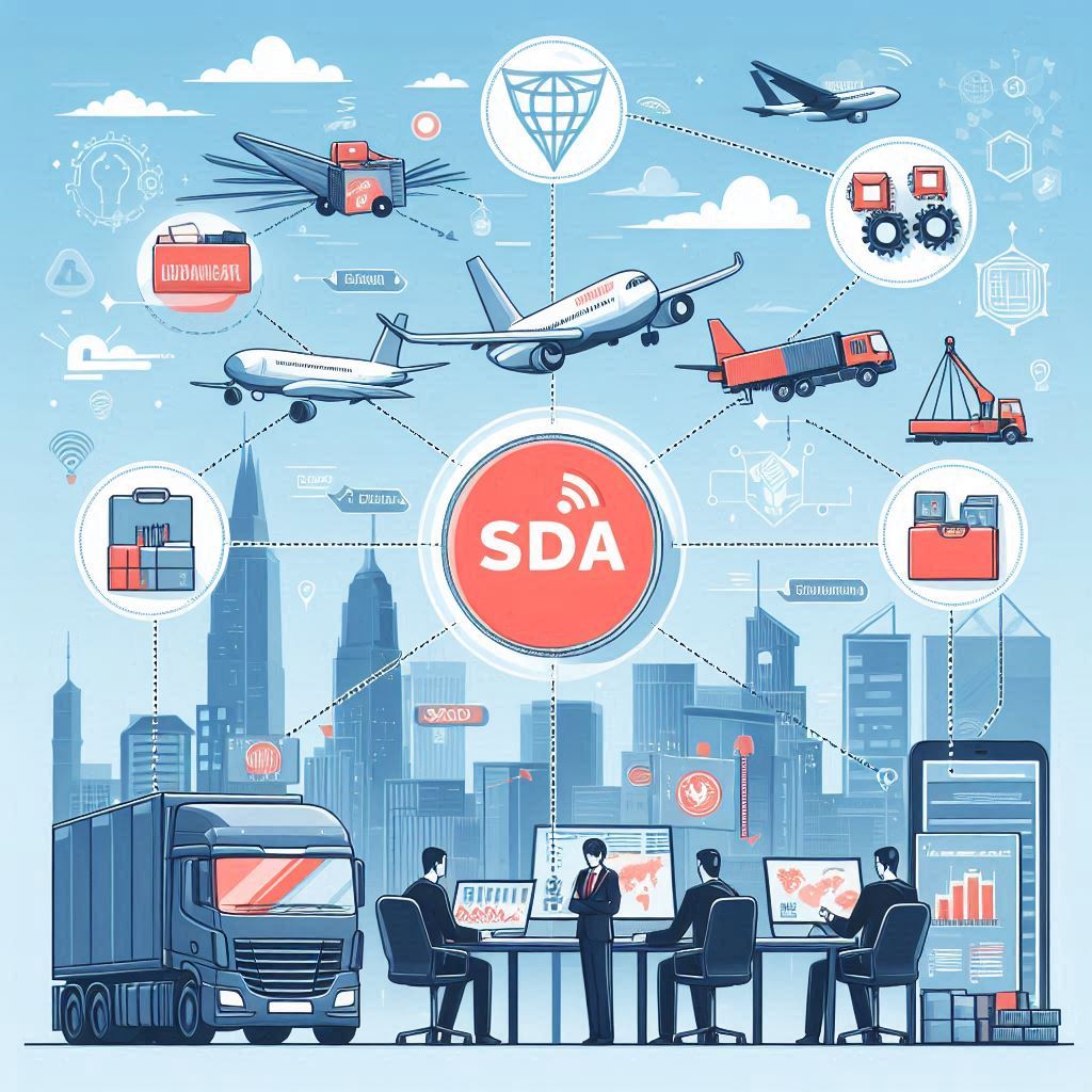 Illustration of a bustling logistics operation with various modes of transportation and logistics activities, prominently featuring the SDA Logistics Services Company logo at the center.