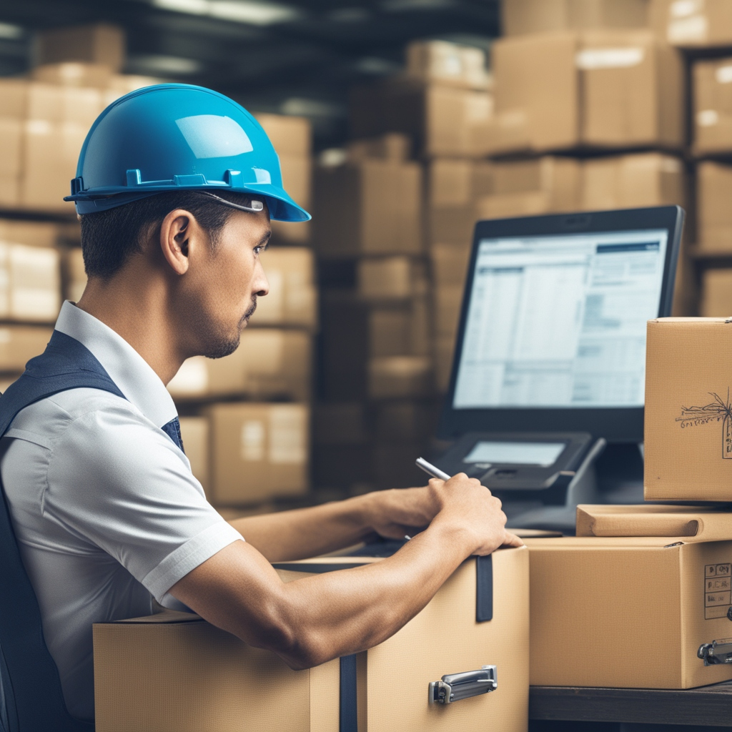 A logistics employee wearing a blue hard hat and white shirt is seated at a desk with a laptop, surrounded by numerous cardboard boxes in a warehouse, representing SDA Logistics Services Company's operations.