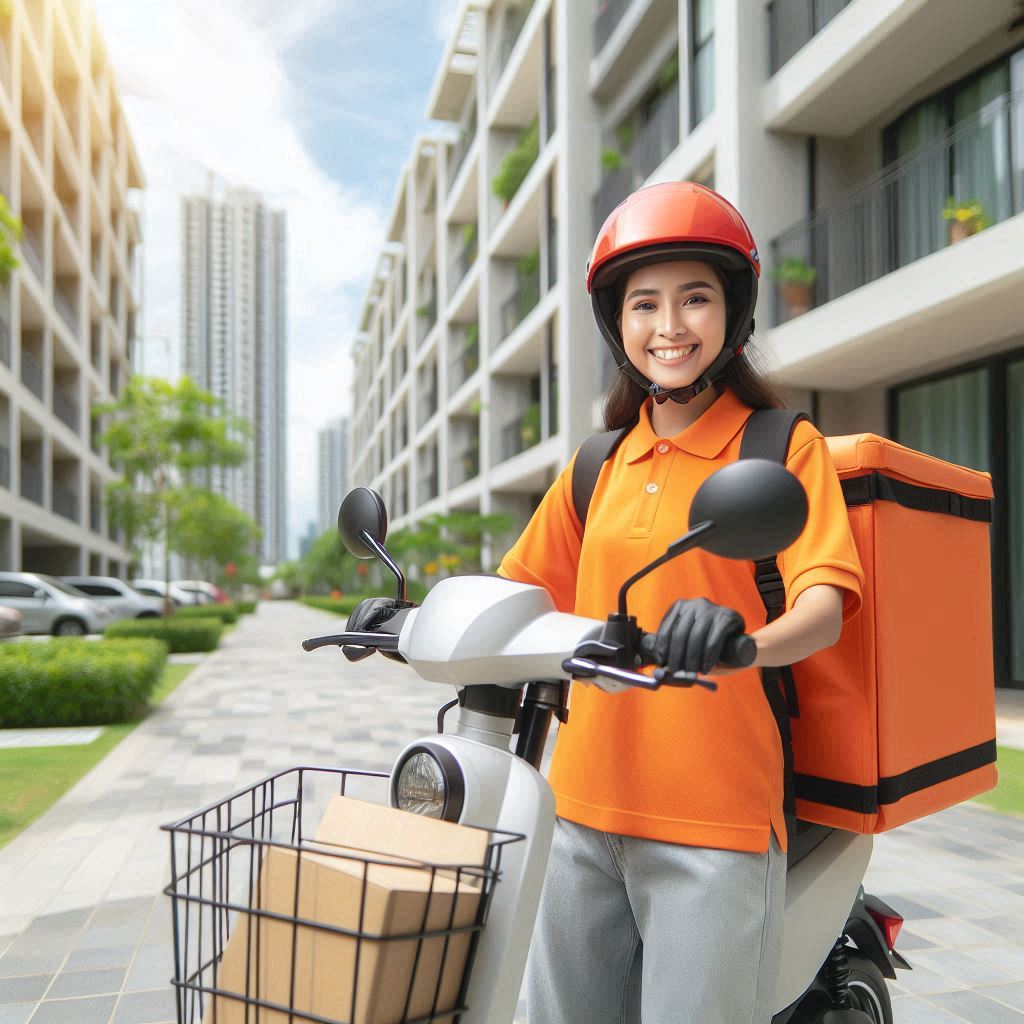 A delivery person in an orange shirt and red helmet stands beside a white scooter, with a large orange insulated backpack, presumably for delivering goods, in front of modern residential buildings.